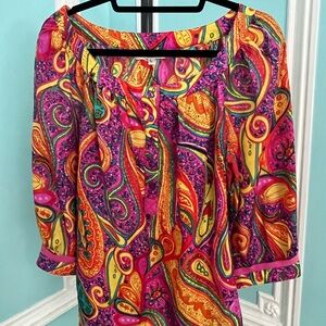Trina Turk Silk Orange and Pink Paisley Graphic 3/4 Sleeve Blouse